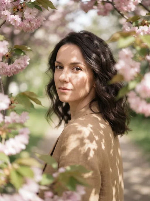 Generated portrait of a woman among pink blossom